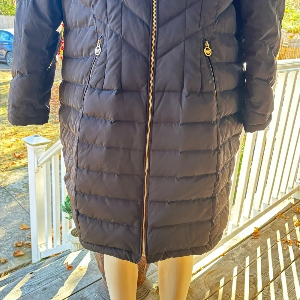 Michael Kors Black Feather Down Puffer Trench Large Collar